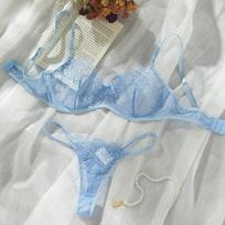 Gundančio trijų dalių plono liemenėlės ir apatinio trikotažo komplektas su tuščiavidure gėlių kalba, seksualus apatinis trikotažas moterims XL šviesiai mėlyna spalva
