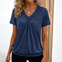 Women's Casual -Color V-Neck Loose-Fit Short-Sleeve Pullover XL tamsiai mėlyna