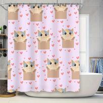 Kawaii Cat Box Shower Curtain Adorable Pink Red Heart Print For Bathroom Decor Home Decoration W60H190(CM)-1 Pcs beige