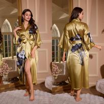 Moterio ilgas chalatas Namų drabužiai Elegantiškas kinų stiliaus Kimono Chalatas Pižama Naujas šilkinio satino miego drabužis Naktiniai laisvi pižama OneSize beige