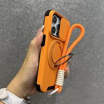 Šarvuotas magnetinis dėklas-laikiklis iPhone 16 14 13 12 11 15 Pro Max Plus su virvele, slankiojančia kameros apsauga, smūgiams atspariu dangteliu For iPhone 11 ProMax&Case & Strap oranžinė