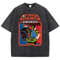 Video Games Rot Your Brains Washed Retro Mens T-Shirt Cotton Loose Tees Cotton Oversize Streetwear Breathable Tshirt Couple 3XL black