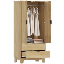 Bedroom wardrobe with 2 soft-close doors, 2 drawers and hanging rail, 80x50x180cm, natural wood 80 x 50 x 180 cm
