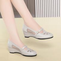 Soft leather soft sole comfortable mesh hollow single shoes medium women's shoes summer wedge heel mother shoes a lightweight 35 gray