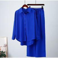 Plus Size Women Holiday Wide Leg Pants Set Two Piece Set Vintage Boho Maxi Shirt Autumn Casual Loose Work Streetwear Outfits 5XL mėlyna