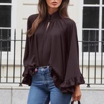 Fashion temperament stand-up collar fungus edge top women's 1116 autumn retro brown loose lace shirt blouse L ruda
