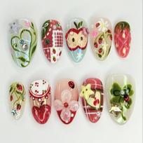 24Pcs Cute Cartoon Cat Almond Press On Nails Blue Gradient French Tip With Sweet Flowers Fake Nails For Women Girls beige