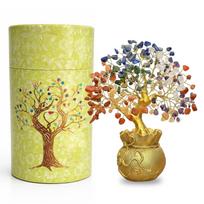 JD FRESH Feng Shui 7 Chakra Crystal Tree with Golden Money Bag Base/Natural Gemstone beige