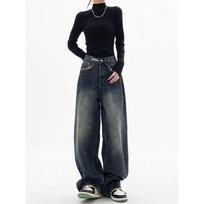 Autumn Spring Loose Wide Leg High Waist Straight Baggy Jeans Women Streetwear Retro High Waist Pants Loose Wide Leg Denim Trousers Female M mėlyna