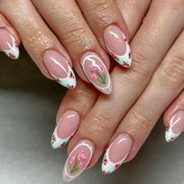 24Pcs Pink Gradient French Almond Press On Nails With Bow Pearl Decor Glue Included Reusable Artificial Nail Tips For Girls brown