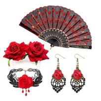 Gothic Costume Accessories with Black Lace Fan, Choker Necklace, Hair Comb and Drop Earrings for Halloween Photo Styling Looks Today 1 red