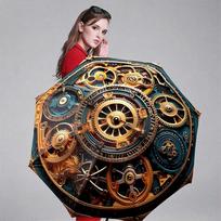Steampunk automatiškai susilankstantis skėtis su krumpliaračiais ir laikrodžio mechanizmu - 8 lazdelių tvirtas geležies rėmas, nešiojamas sulankstomas dizainas, brown