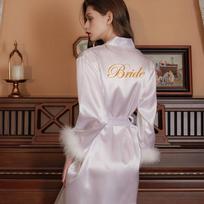 Bridal Feather Satin Kimono Robe for Wedding & Bridesmaids L white