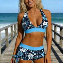 Moterų dviejų dalių bikini komplektas su raišteliais šortai-bokseriai maudymosi kostiumas su halter kaklu ir nuimama pakietinimu belaidis palaikymas gėlių raštas XXL mėlyna