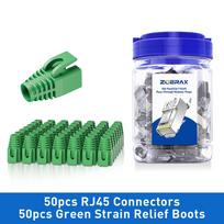 ZoeRax 50PCS Shielded RJ45 Cat7 Cat6A Pass Through Connectors Kit 3 Prong 8P8C Gold Plated 2-Piece Plug with Strain Relief Boots žalia