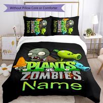 3pcs Custom Name Cartoon Plants vs. Zombies Bedding Set Duvet Cover Closure Includes 1 Duvet Cover & 2 Pillowcases for All Seasons Bedroom Decor 135cmx200cm black