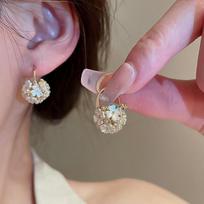 Korean Mori Style Rhinestone Flower Ear Cuffs: Luxurious Round Ball Earrings black