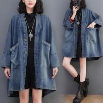 Women Fall Loose Version of The Medium-length Windbreaker Plus Size Retro V-neck Pocket Denim Jacket XXL mėlyna