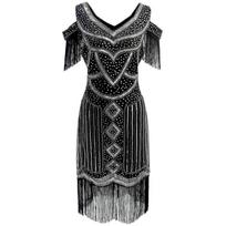 Gatsby 1920-ųjų blizgučių ir kutų vakarinė suknelė (S-4XL) 3XL juoda/sidabras