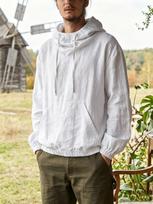 Men's White Crinkled Cotton Hooded Pullover with Drawstring & Kangaroo Pocket - Lightweight Summer Casual Top XL balta