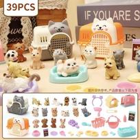 Mini augintinio katės šuns figūrėlės žaidimų rinkinys, žaidimas „apsimeskime augintinio priežiūra“ su narveliu ir šėrimo priedais vaikams 39Piece Set Includes 2 Cat Cages 16 Simulation