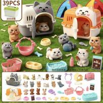 Mini augintinio katės šuns figūrėlės žaidimų rinkinys, žaidimas „apsimeskime augintinio priežiūra“ su narveliu ir šėrimo priedais vaikams 39Piece Set Includes 2 Cat Cages 12 Solid Cats/Dog