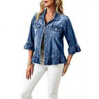 Women's Casual Denim Top with Three-Quarter Sleeves and Fit for Everyday Wear L tamsiai mėlyna spalva
