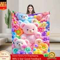 Meškiukas Gėlėtas pledas 2D Plokščias Animacinis Spaudinys Itin Minkštas Flanelinis Mesti Pledas Mielas Spalvingas Lokys Estetika Lengvas Jaukus W 150X180CM