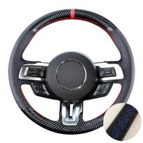 Custom Fit For Ford Mustang 2015 2016 2017 2018 2019 2020 2021 Black Leather Carbon Fiber Interior DIY Steering Wheel Cover Blue Thread