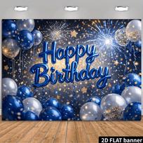 Generic Birthday Party Backdrop, Navy Blue Firework Gold Star Happy Birthday Foil Balloon, Polyester, No Power, Party Decor 59.06*82.68in