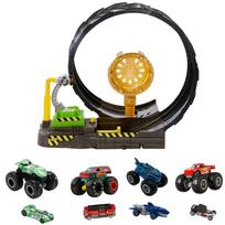 Hot Wheels Monster Truck Big Loop Challenge Playset Includes 4 Monster Trucks and 4 Mini Cars vehicles HGV15 - (8 total) [Ages 4+]