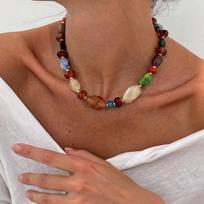 Boho Colorful Acrylic Resin Beaded Choker For Women Vintage Irregular Stone Love Heart Shape Pendant Necklace Party Neck Jewelry brown