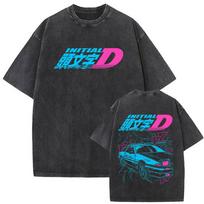 Washed Vintage Anime Initial D Drift AE86 Takumi Fujiwara Tofu Shop T-shirt Akagi Redsuns T-shirts Men's Manga Oversized T Shirt M black