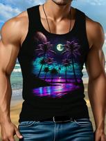 Men's Tropical Palm Tree Moon Beach Graphic Tank Top, Gradient Sleeveless M blue