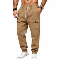 Men's Multi Pocket Cargo Jogger Pants, Drawstring Elastic Waist Tapered Sweatpants with Flap Pockets, Casual Streetwear Trousers for Daily Workout M chaki