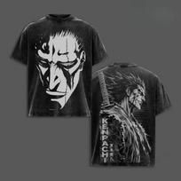 BLEACH Zaraki Kenpachi Spausdinti skalbti medvilniniai marškinėliai Unisex laisvi vasariniai trumpomis rankovėmis Harajuku gatvės stiliaus kasdieniai viršutiniai drabužiai M black