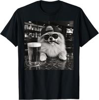 Funny Pomeranian Dog Drinking Beer Sunglasses Cigar Meme T-Shirt L gray