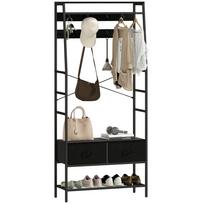 Industrial Coat Rack with Shoe Shelf, 2 Fabric Drawers and 8 Hooks, Metal Frame, Black juoda