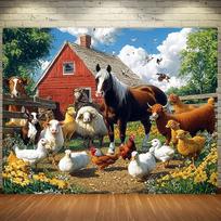 Farm animal party background with vibrant cow, sheep, horse, chicken, goose, pig and dog scene with red barn and windmill 59×39inch/150*100cm gray