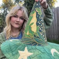 Unique Handmade Quilted Green Frog Print Pointed Witch Hat Wide Brim Wizard Hat For Halloween Party Cosplay Cottagecore Gift gray