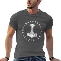 Norse Thors Hammer Mjolnir Elder Futhark Viking Runes White Distressed TShirt Labor Work Casual TShirt 2XL black