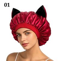 Satin Sleep Bonnet for Women with Cat Ears, Cute Night Cap for Curly Hair, Anti-Frizz Hair Protector, Curl Definition Hat