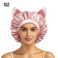 Satin Sleep Bonnet for Women with Cat Ears, Cute Night Cap for Curly Hair, Anti-Frizz Hair Protector, Curl Definition Hat