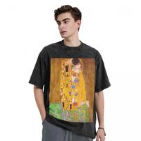Gustav Klimt The Kiss Abstract Freyas Art Washed T Shirts Casual Short Sleeve Hip Hop T-Shirt Streetwear Tops Tees for Men Women 3XL black
