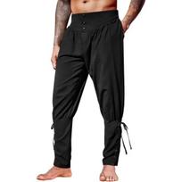Mens Medieval Ankle Pants Renaissance Viking Pirate Lace Up Tapered Halloween Linen Costume Trousers Cargo Pants 2XL juoda