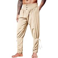 Mens Medieval Ankle Pants Renaissance Viking Pirate Lace Up Tapered Halloween Linen Costume Trousers Cargo Pants 3XL smėlis