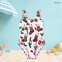 Girls Scoop Neck Wide Straps Sleeveless One Piece Swimsuit White Christmas Cat Printed 140 white