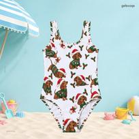 Girls Scoop Neck Wide Straps Sleeveless One Piece Swimsuit White Christmas Cat Printed 170 white