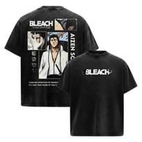 BLEACH Aizen Sousuke Printed Tee Men Women Washed Cotton T-shirts Manga Vintage T Shirt Harajuku Male Casual Short Sleeve Tshirt L juoda