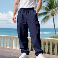 Men's Drawstring Waist Cargo Pants Multi Pocket Loose Fit Casual Trousers Lightweight Outdoor Travel Pants M tamsiai mėlyna spalva